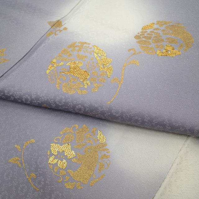 訪問着 着物 未使用 フォーマル 正絹 袷 紫 うさぎ 花 金駒刺繍 金彩