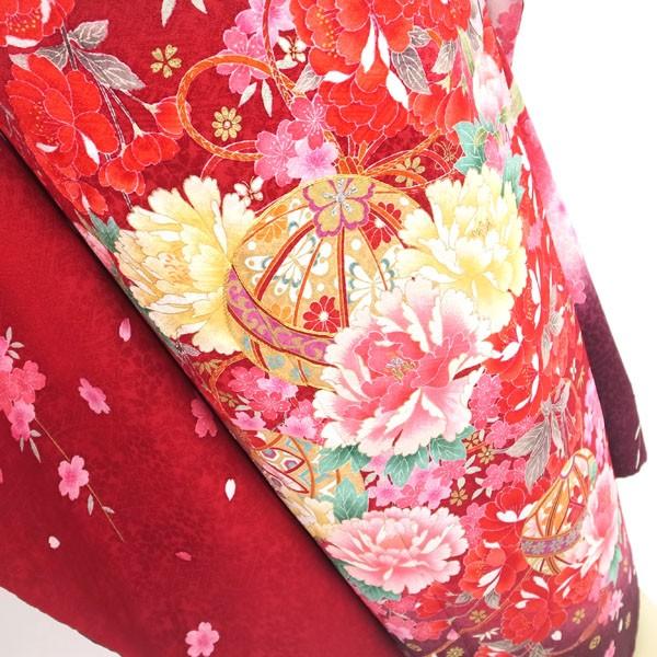 最終売り切り超特価￥39800→33000 振袖 着物 金駒刺繍 赤 濃紫 牡丹 