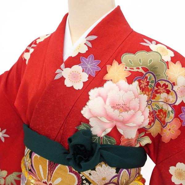 最終売り切り超特価￥49800→39800 振袖 刺繍 銀通し 赤 牡丹 菊 正絹 