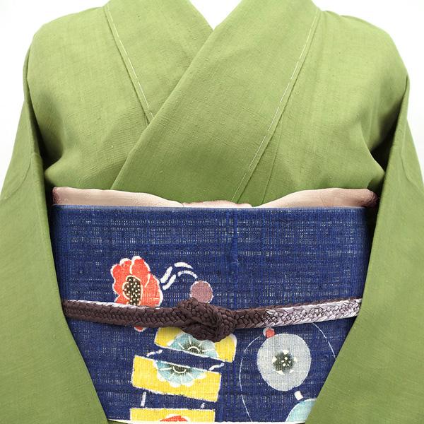 名古屋帯 九寸 作家物 茂宜 落款 型絵染 ざっくりとした 紬地 濃 名古屋帯 九寸 作家物 茂宜 落款 型絵染 ざっくりとした 紬地 濃