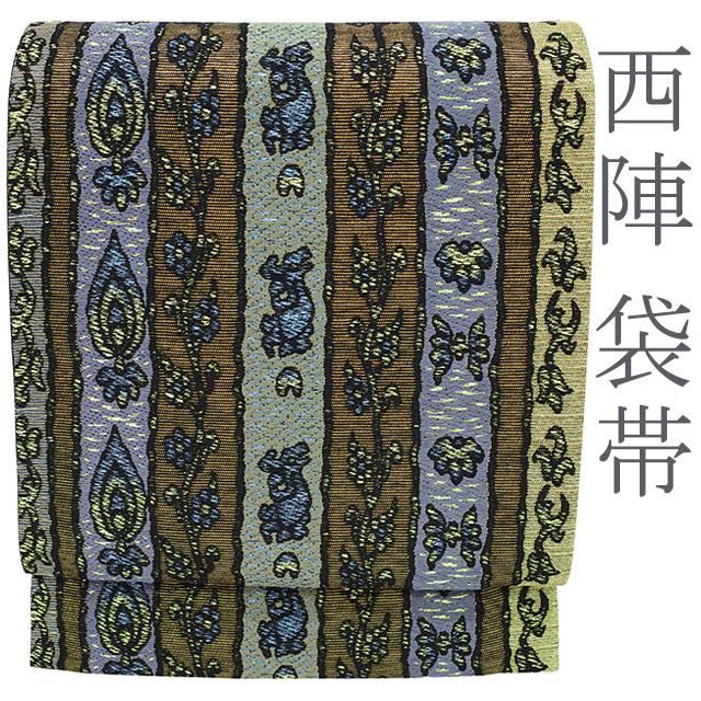 純金箔　正絹袋帯　西陣 半額／で9480→14740 袋帯 京都 西陣 金箔糸 ラメ箔糸 薄花色 グレー