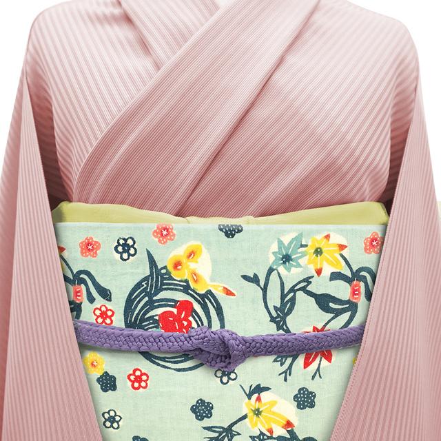 名古屋帯 正絹 紬 青紫色 ぼかし 花丸文様 お太鼓柄 八寸帯 カジュアル 仕立て上がり 着物帯 長さ358cm 【キモノオフ野々市若松店】 名古屋帯 仕立て上がり 日本製 着物 和装 街着 カジュアル 松葉仕立て