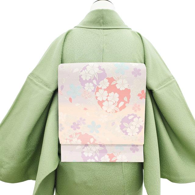 袋帯 京都 西陣 銀糸 パステルカラー 紫 ピンク 黄緑 横段 雪輪 桜 上質 正絹 絹 フォーマル 新品 仕立て上がり みやがわ sb51161 袋帯 京都 西陣 銀糸 パステルカラー 紫 ピンク 黄緑 横段 雪輪 桜