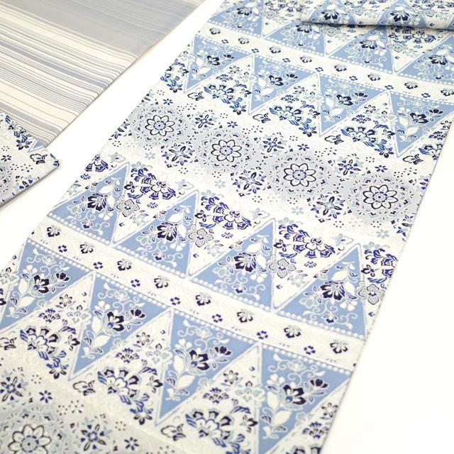 袋帯 京都 西陣 銀糸 上質な織り 白地 白 ホワイト 藍色 青 水色