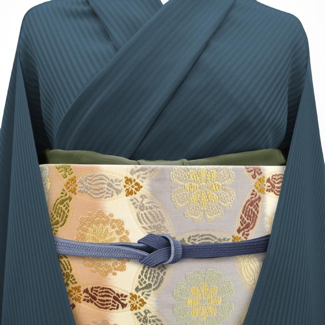袋帯 京都 西陣 最高級 唐織 金箔糸 クリーム色 青 緑 薄赤 横段 華文