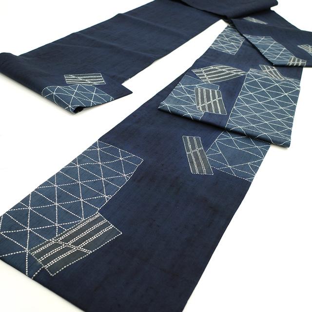 刺し子 紬 袋帯 軽やか 袋帯 刺し子 刺繍 紬 縦節紬 手刺繍 上質 藍色地 紺色 モダン柄 やまと