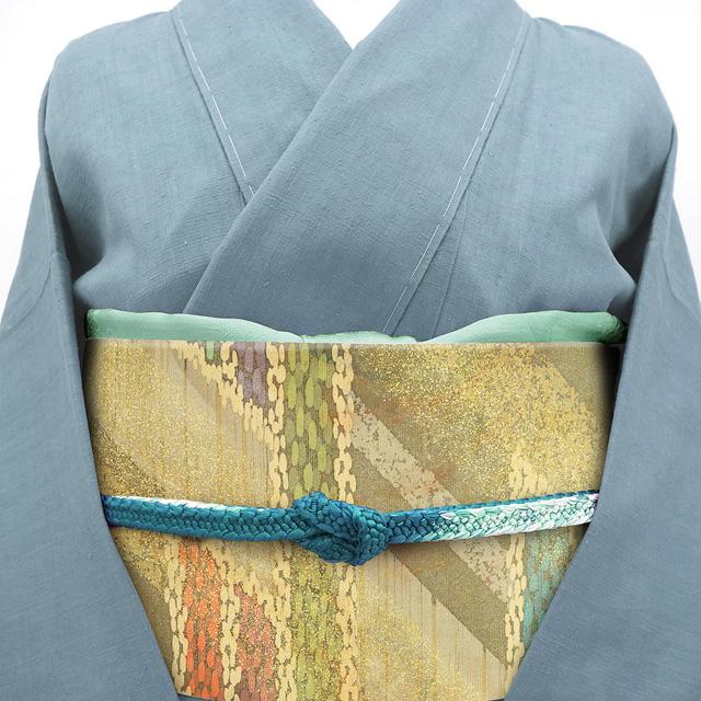 本場牛首紬 袋帯 石川県指定無形文化財 全通 手織り 染め帯 正絹 金彩