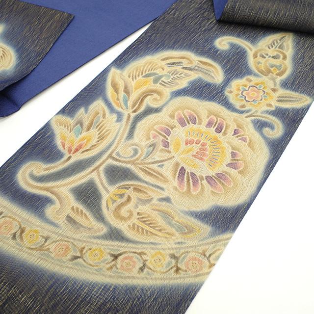 袋帯 京都 しょうざん すくい織 手染め 正絹 金彩加工 ネイビー 