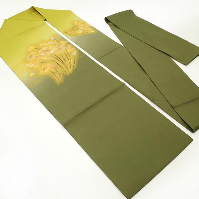 名古屋帯 九寸 正絹 抹茶色 鶸色 ぼかし 花柄 手染め 手描き 金彩加工 