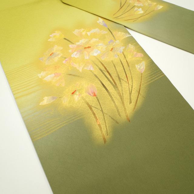 名古屋帯 九寸 正絹 抹茶色 鶸色 ぼかし 花柄 手染め 手描き 金彩加工 
