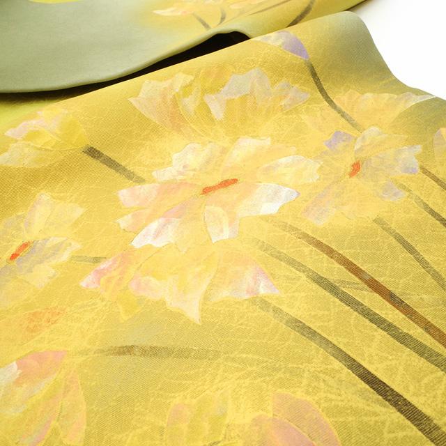 名古屋帯 九寸 正絹 抹茶色 鶸色 ぼかし 花柄 手染め 手描き 金彩加工 