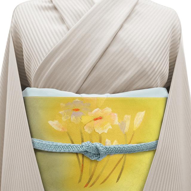 名古屋帯 九寸 正絹 抹茶色 鶸色 ぼかし 花柄 手染め 手描き 金彩加工 