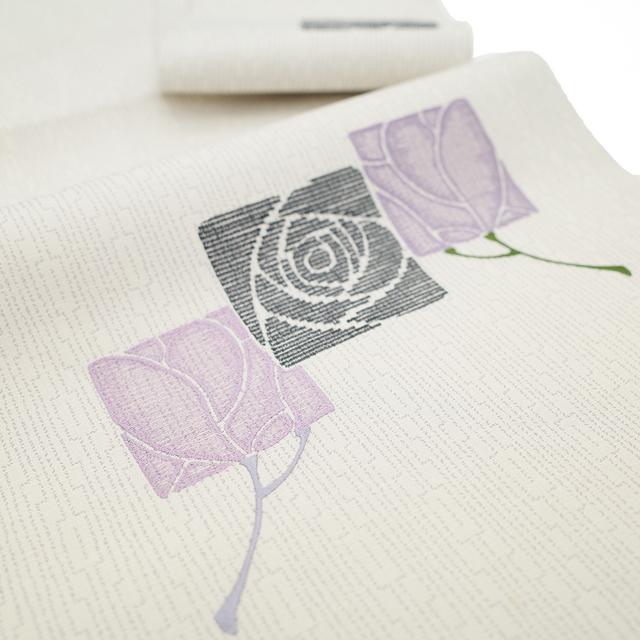 名古屋帯 九寸 正絹 絹 刺繍 スクエア取り バラ 薔薇 花柄 モダン