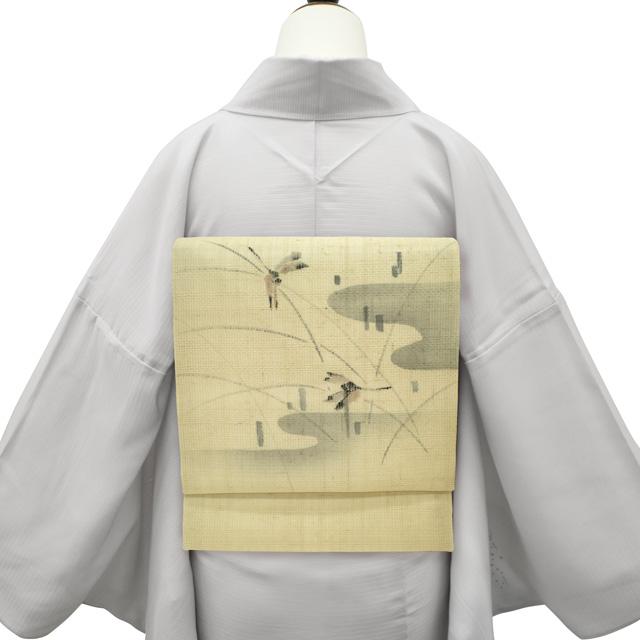 夏物 名古屋帯 九寸 紗紬 正絹 手描き 作家物 イエローベージュ