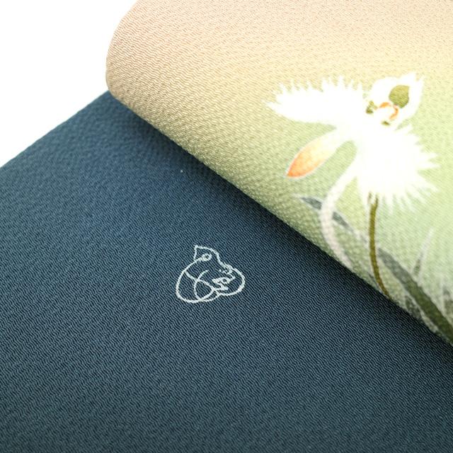 手描き染しゃれ名古屋帯　サギソウ 鷺草 未使用品 名古屋帯 九寸 作家物 リサイクル 縮緬 正絹 手描き友禅 ブルーグレー
