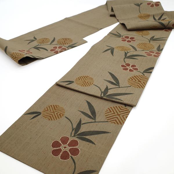 袋帯 刺し子 刺繍 縦節紬 手刺繍 正絹 絹 手染め オリーブブラウン色地 