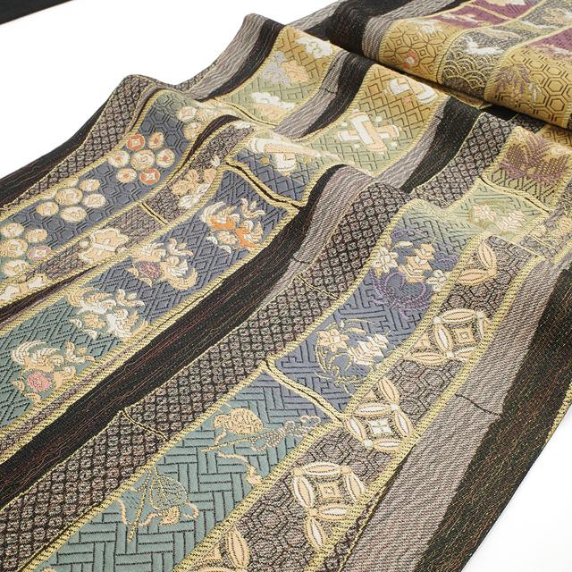 袋帯 京都 西陣 正絹 黒 一図全通網羅錦 竹取り 宝尽くし 松 袋帯 京都 西陣 正絹 黒 一図全通網羅錦 竹取り 宝尽くし 松