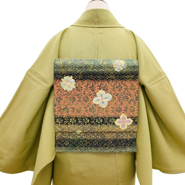 袋帯 京都 西陣 となみ織物 となみ帯 正絹 はくば錦 黒地 花菱 袋帯 京都 西陣 となみ織物 となみ帯 正絹 はくば錦 黒地 花菱