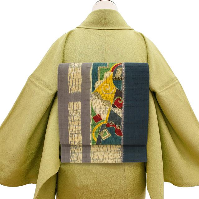 名古屋帯 九寸 京都 しょうざん 生紬 正絹 手染め 絞り グレー