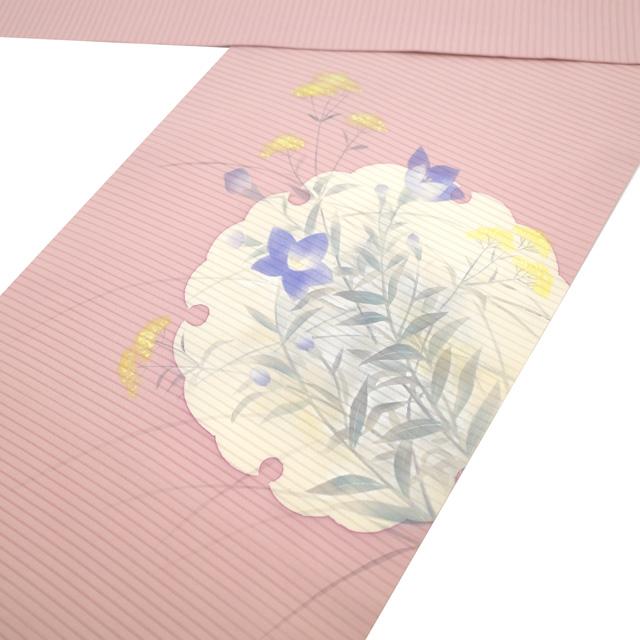 夏物 名古屋帯 リサイクル 正絹 絽 九寸 手描き 金銀彩加工 ピンク 