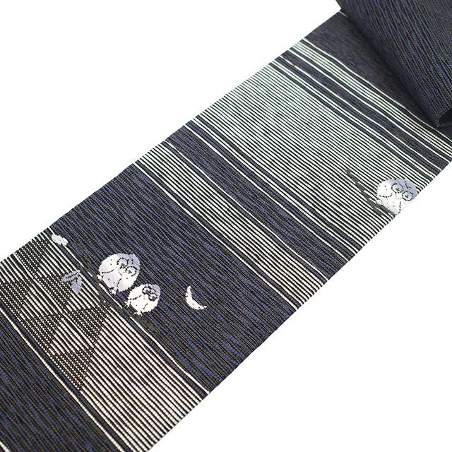 名古屋帯 未使用 正絹 京都 西陣 金通し 黒グレー 梟 ふくろう