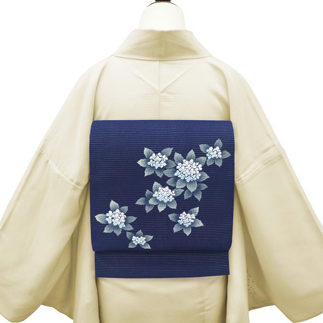 夏物 名古屋帯 未使用 九寸 絽縮緬 絽 正絹 手染め 染め帯 ネイビー