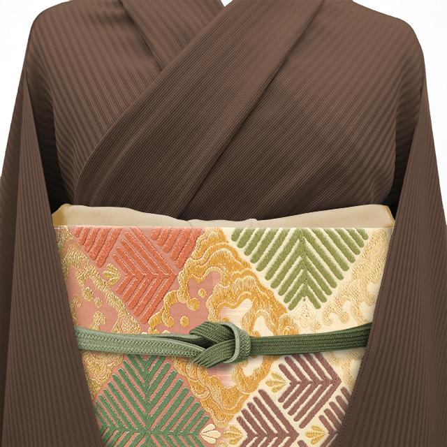 袋帯 正絹 京都 西陣 藤原織物 唐織 黄ベージュ ピンクベージュ 山葵色 ぼかし織 松菱 波菱 有職文 中古 仕立て上がり みやがわ sb55103 袋帯 正絹 京都 西陣 藤原織物 唐織 黄ベージュ ピンクベージュ 山葵色