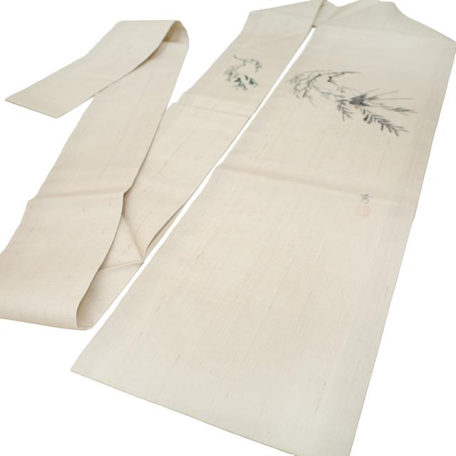 夏物 名古屋帯 未使用 九寸 正絹 絹芭蕉 紗紬 手描き 柳 に ツバメ 淡