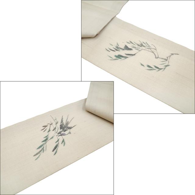 夏物 名古屋帯 未使用 九寸 正絹 絹芭蕉 紗紬 手描き 柳 に ツバメ 淡