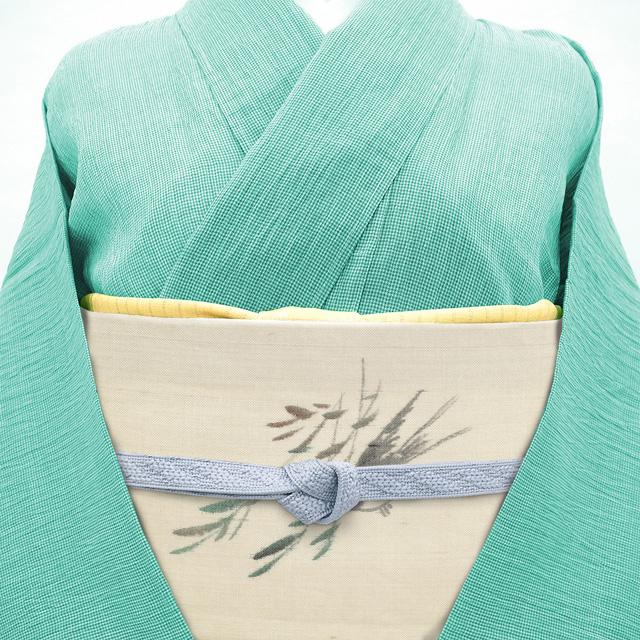 夏物 名古屋帯 未使用 九寸 正絹 絹芭蕉 紗紬 手描き 柳 に ツバメ 淡