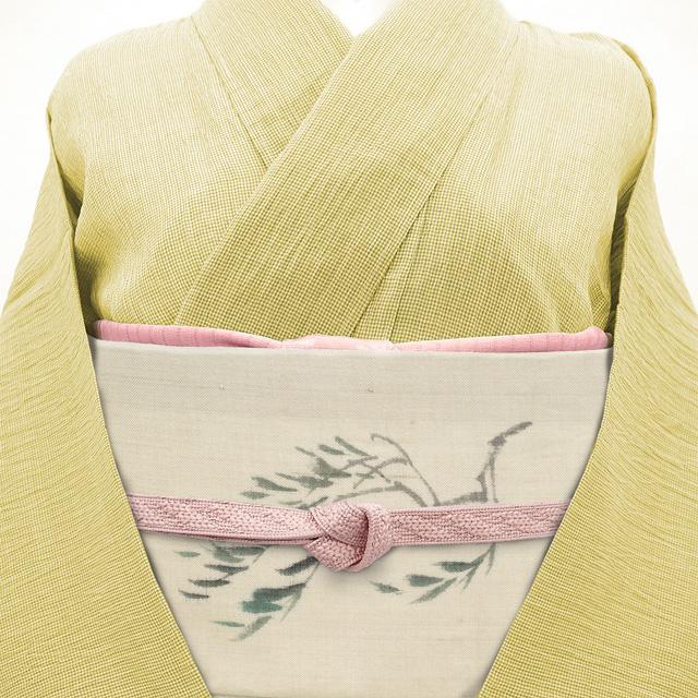 夏物 名古屋帯 未使用 九寸 正絹 絹芭蕉 紗紬 手描き 柳 に ツバメ 淡