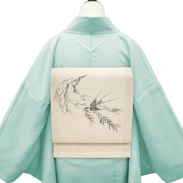 夏物 名古屋帯 未使用 九寸 正絹 絹芭蕉 紗紬 手描き 柳 に ツバメ 淡