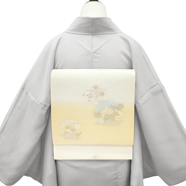 夏物 名古屋帯 未使用 絽 正絹 京都 西陣 金銀糸 白 薄黄色 雪輪 