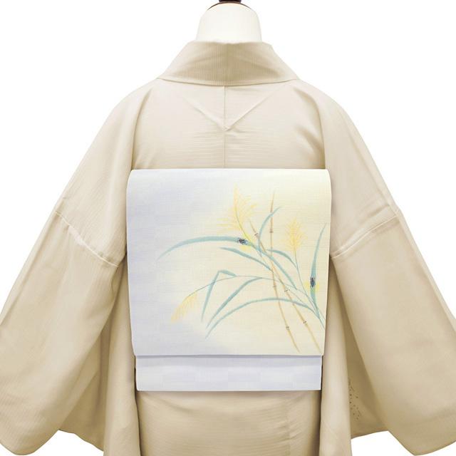 夏物 名古屋帯 小千谷織物 麻 小千谷 九寸 手描き 紫水晶色 蛍 ホタル 