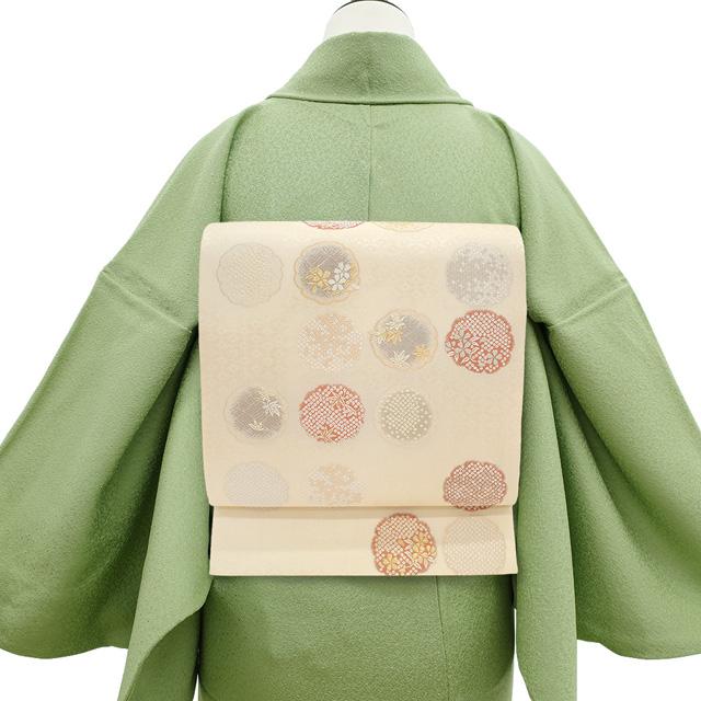 袋帯 六通 雪輪 七宝繋ぎ 金糸 銀糸 雪輪花華文 やまと誂製 袋帯 京都 西陣 加納幸 正絹 金糸 銀糸 クリーム色 雪輪取り 桜 楓