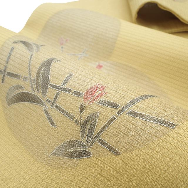 夏物 名古屋帯 未使用 九寸 絽縮緬 絽 正絹 伊と幸 染帯 黄ベージュ 