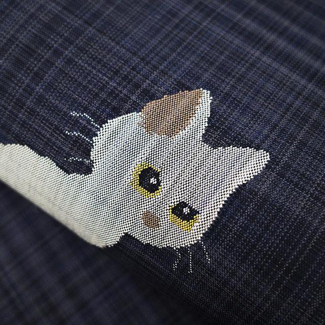 名古屋帯 未使用 正絹 九寸 織り柄 濃グレー ブルーグレー 白ねこ 黒 