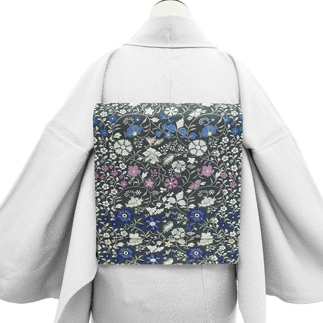 袋帯 未使用 正絹 京都 西陣 銀糸 濃グレー 青 紫ピンク 藍 花唐草 
