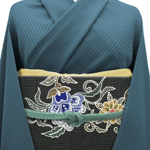 袋帯 相良刺繍 刺繍 正絹 黒 銀通し 花唐草 カジュアル 一蔵 扱い 極上