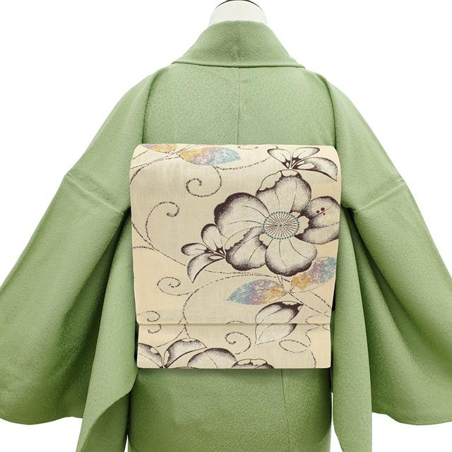 袋帯 未使用 正絹 西陣 薄ベージュ 辻が花 金糸 セミフォーマル 