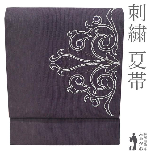 夏物　名古屋帯　紗紬　えんじ色 夏物 名古屋帯 未使用 夏帯 正絹 九寸 紋紗 刺繍 銀糸 滅紫色 洋風