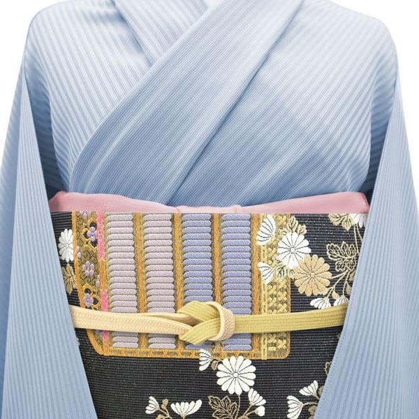 30%OFFで￥29480→20636 袋帯 西陣 黒 鎧縅文様 菊 細縞 金銀糸 ラメ糸 