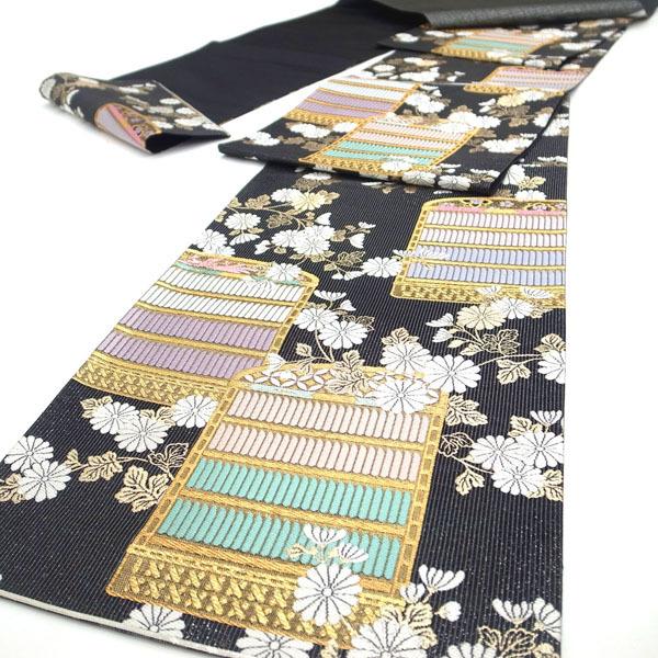 30%OFFで￥29480→20636 袋帯 西陣 黒 鎧縅文様 菊 細縞 金銀糸 ラメ糸 