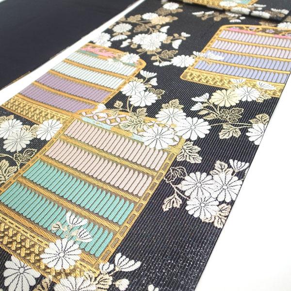 30%OFFで￥29480→20636 袋帯 西陣 黒 鎧縅文様 菊 細縞 金銀糸 ラメ糸 