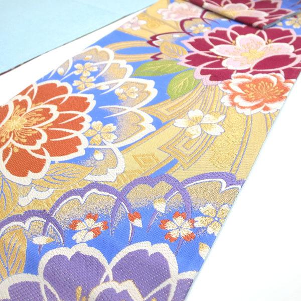 袋帯 振袖用 西陣 大光 青ブルー 水色 桜 金糸 多彩 フォーマル 正絹 六通 