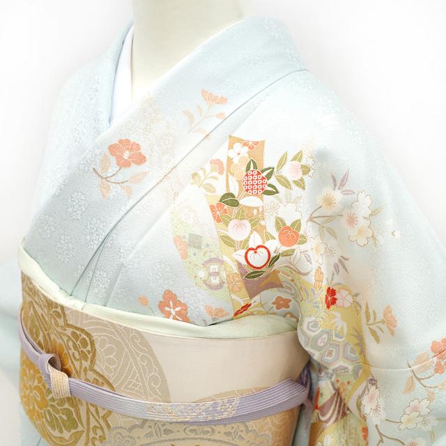 訪問着 袷 着物 金駒刺繍 金彩加工 水色 藍白色 四季の花 古典柄 訪問着 袷 着物 金駒刺繍 金彩加工 水色 藍白色 四季の花 古典柄