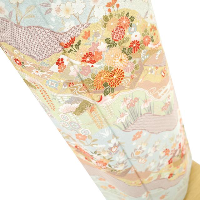 訪問着 袷 着物 金駒刺繍 金彩加工 水色 藍白色 四季の花 古典柄 訪問着 袷 着物 金駒刺繍 金彩加工 水色 藍白色 四季の花 古典柄