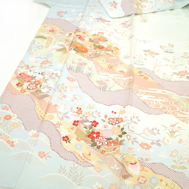訪問着 袷 着物 金駒刺繍 金彩加工 水色 藍白色 四季の花 古典柄 訪問着 袷 着物 金駒刺繍 金彩加工 水色 藍白色 四季の花 古典柄