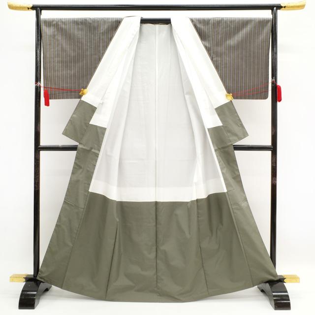 半額/で¥98780→49390 本場牛首紬 袷 着物 グレー ストライプ 半額/で¥98780→49390 本場牛首紬 袷 着物 グレー ストライプ