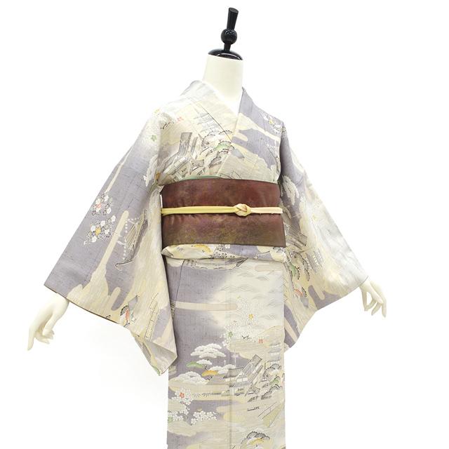 しょうざん 生紬 訪問着 着物 京都 正絹 薄灰紫 生成り色 茶屋辻文様